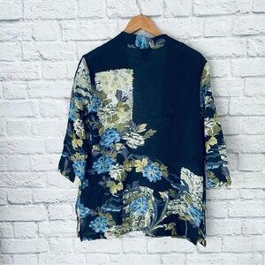 Citron Santa Monica Open Front Floral Top Blouse Asian Blue Artsy Boho Womens M